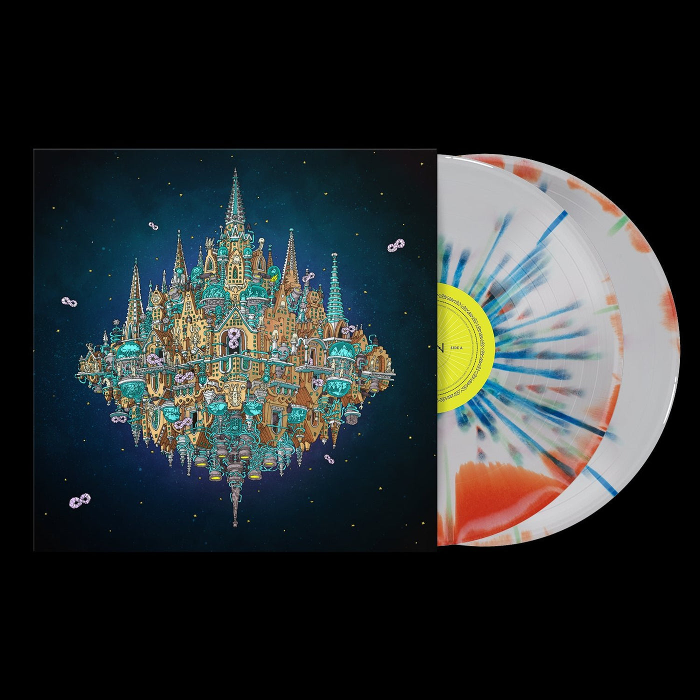 An illustrated album cover by Dance Gavin Dance features a floating palace city against a starry blue sky. Two white splatter Double Vinyl LPs with yellow center labels are partially shown—ideal for fans of the band.