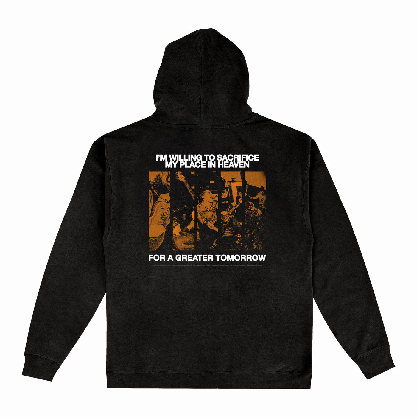 I Promised The World black hoodie features a sepia-tone graphic and bold text on the back: IM WILLING TO SACRIFICE MY PLACE IN HEAVEN FOR A GREATER TOMORROW. Secure yours during the presale for standout style.
