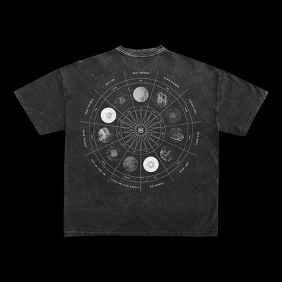 This oversized black Spiritbox t-shirt is made from heavyweight cotton and showcases a radial moon phase diagram and symbols on the back, set against a faded dark background.