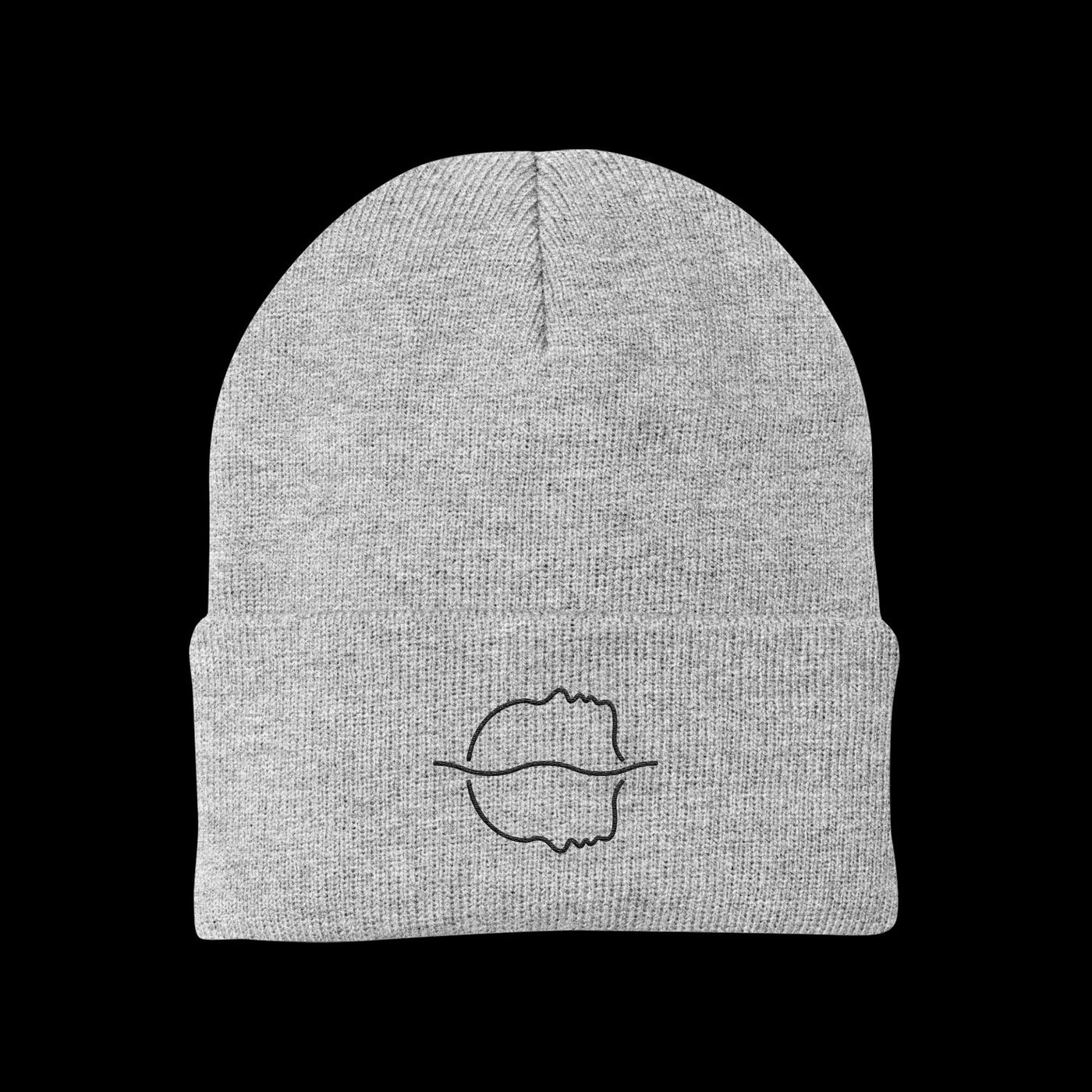 A Spiritbox Heather Beanie in light gray, featuring a minimalist black lips outline embroidered on the front, is showcased in sleek digital mockups against a solid black background.