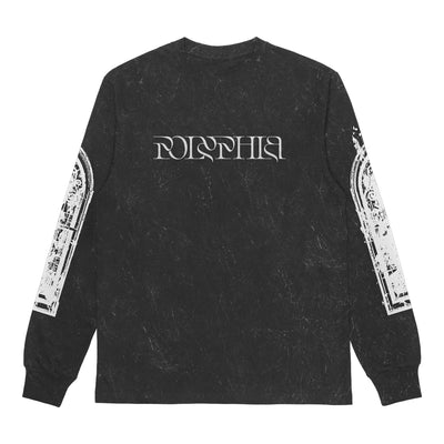 Polyphia black long-sleeve shirt featuring white, mirrored text on the chest and detailed architectural window graphics on both sleeves. Colortone mineral wash creates a marbled look. Presale now; ships 10/17/25.