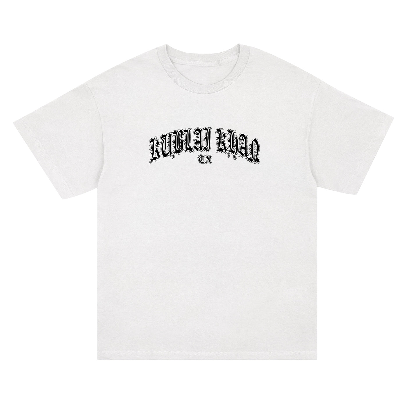 A plain white Kublai Khan TX t-shirt with bold black stylized “KUBLAI KHAN TX” lettering across the chest—ideal for fans of striking printed apparel.