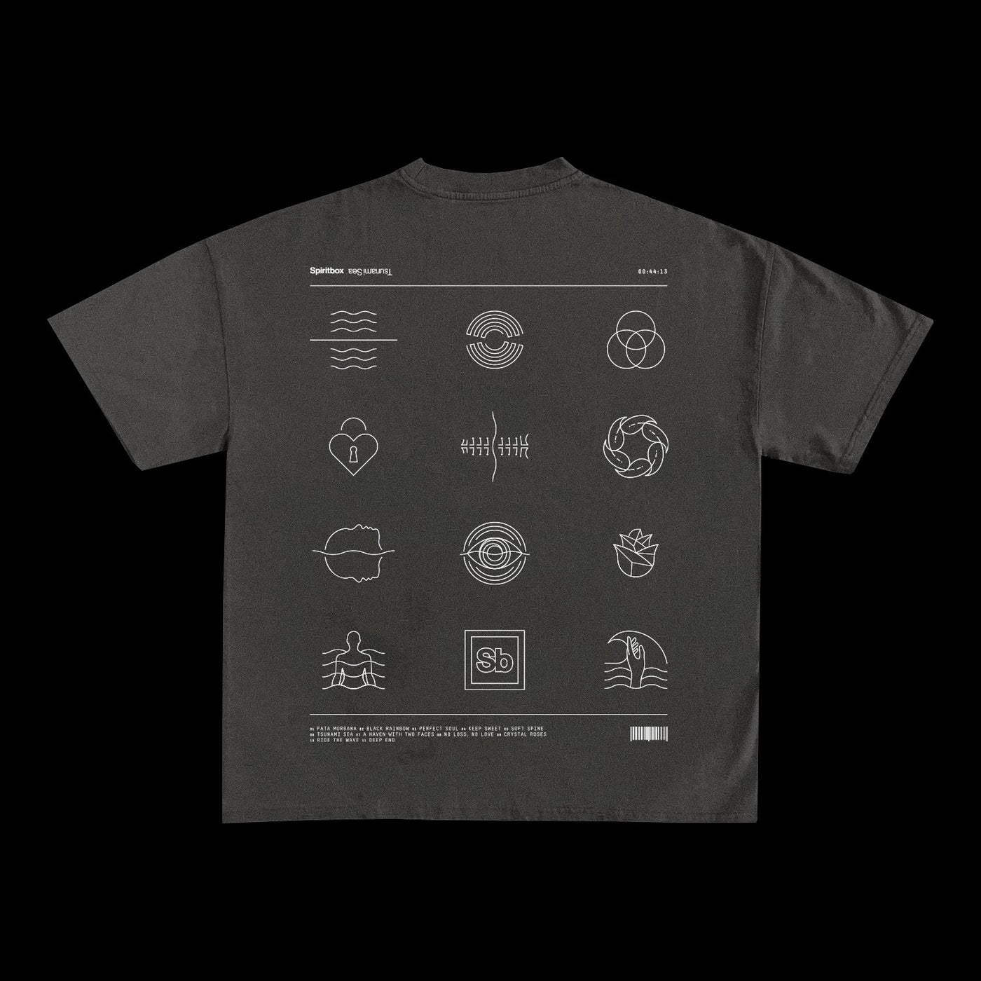 Spiritbox black heavyweight garment dye T-shirt with white abstract grid art on the back—waves, locks, circles, leaves, and a text box. A standout streetwear essential.