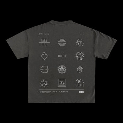 Spiritbox black heavyweight garment dye T-shirt with white abstract grid art on the back—waves, locks, circles, leaves, and a text box. A standout streetwear essential.