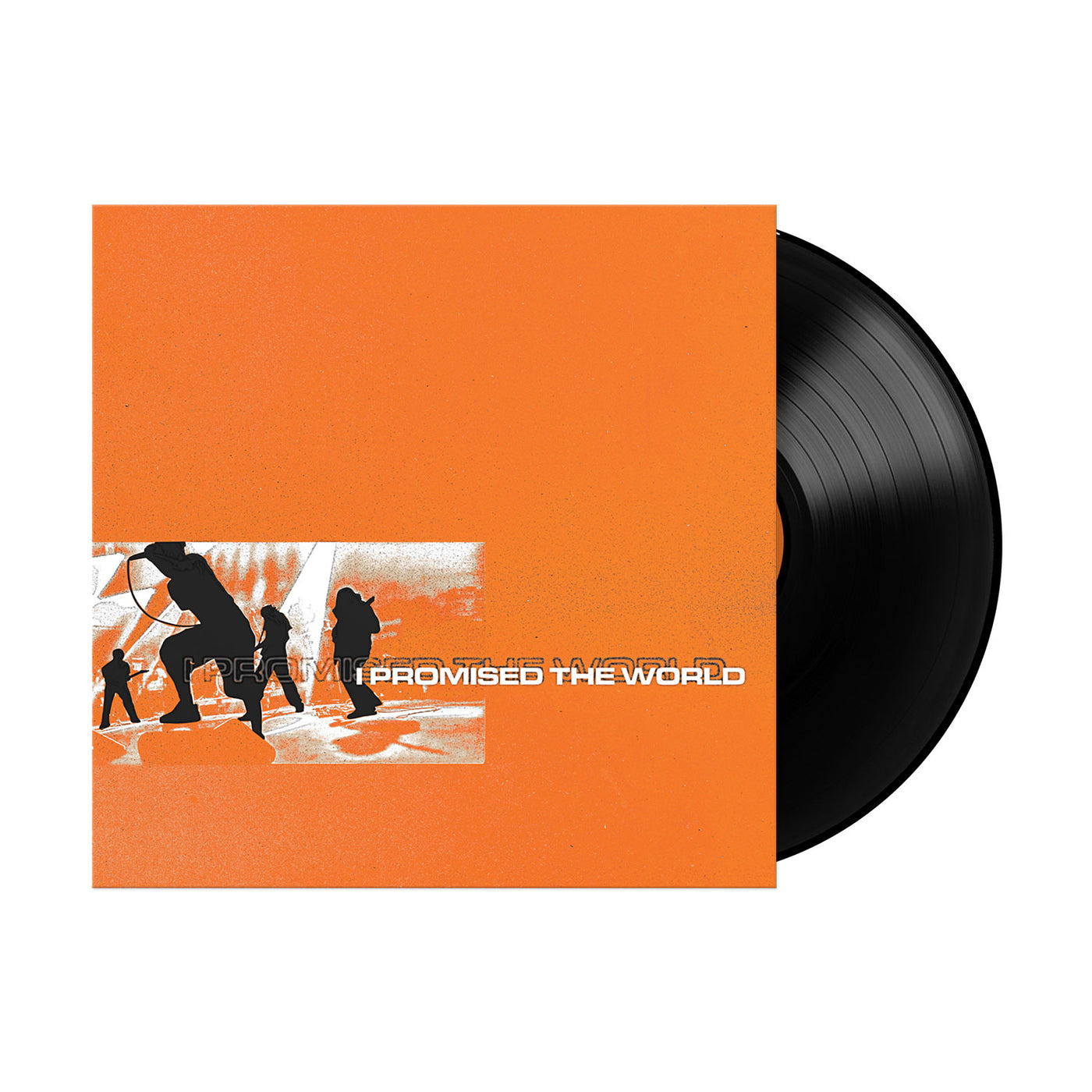 A black vinyl record is partially visible beside its orange cover, displaying silhouettes of people and “PROMISED THE WORLD” in bold white text—a must-have for any I Promised The World vinyl collector.