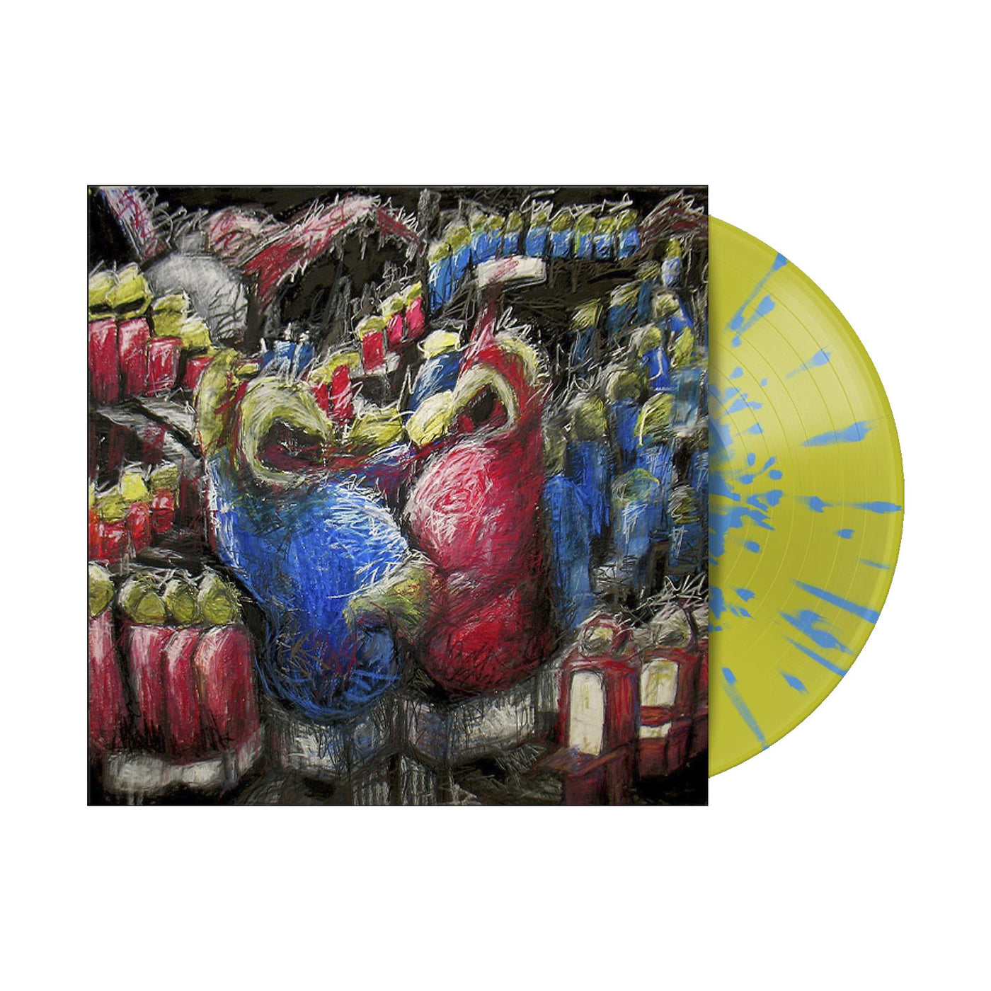 A limited edition Secret Band yellow vinyl record with blue splatters (only 500 made) is partially visible next to an album cover with abstract red and blue figures, set against a dark, textured background.