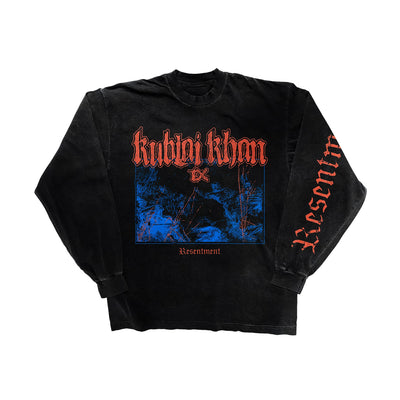 A black Kublai Khan long-sleeve t-shirt features bold red text above a blue graphic, "Resentment" below, and the right sleeve detailed with "Resentment" in red gothic letters—a standout custom apparel piece.