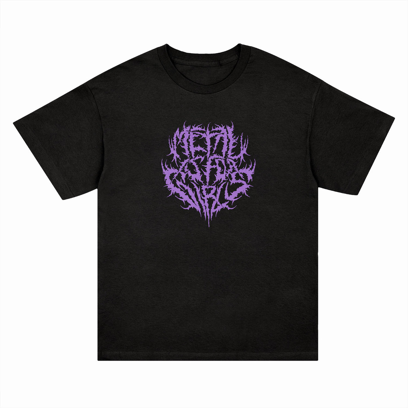 Rise Records black Comfort Colors T-shirt featuring a spiky lavender "MENTAL CRUELTY" graphic in a death metal font. Ideal for fans of bold designs. Displayed on a plain white background.