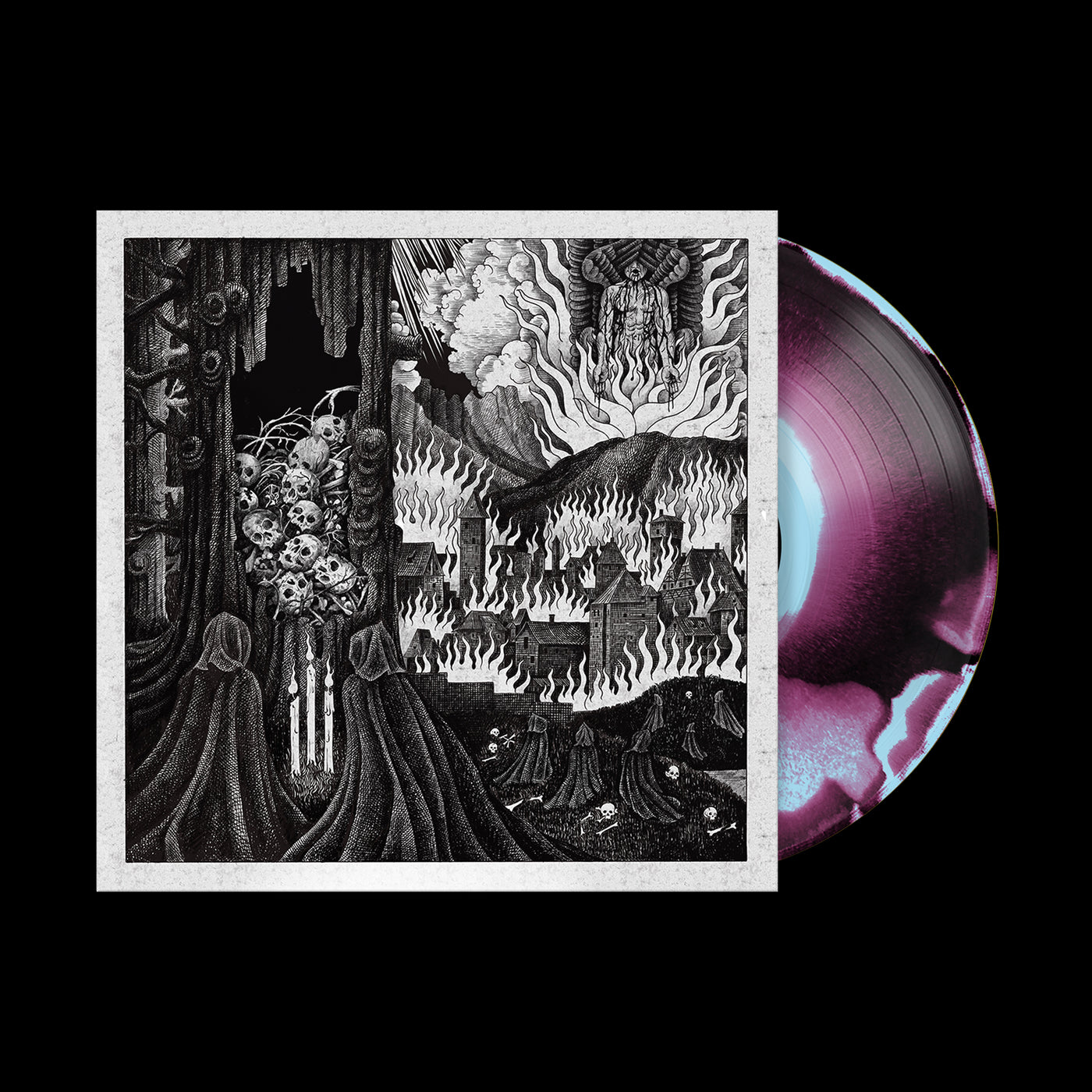 The Acacia Strain’s “You Are Safe From God Here” vinyl features a black and white cover with hooded figures before a burning, skeletal landscape and looming creature. A marbled pink, white, and black LP peeks out on the right.