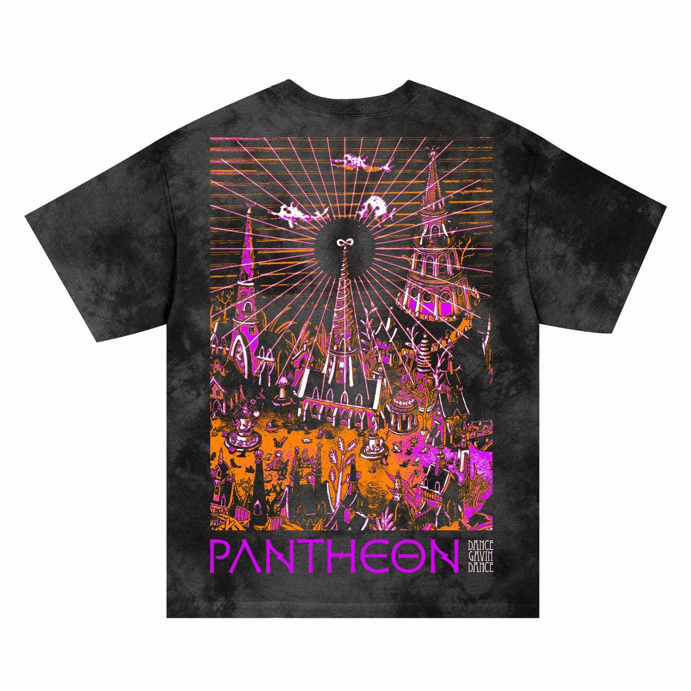 Dance Gavin Dance black t-shirt showcasing a neon abstract cityscape with spires and a radiant sun. "PANTHEON" in bold purple at the bottom. Available now for presale.