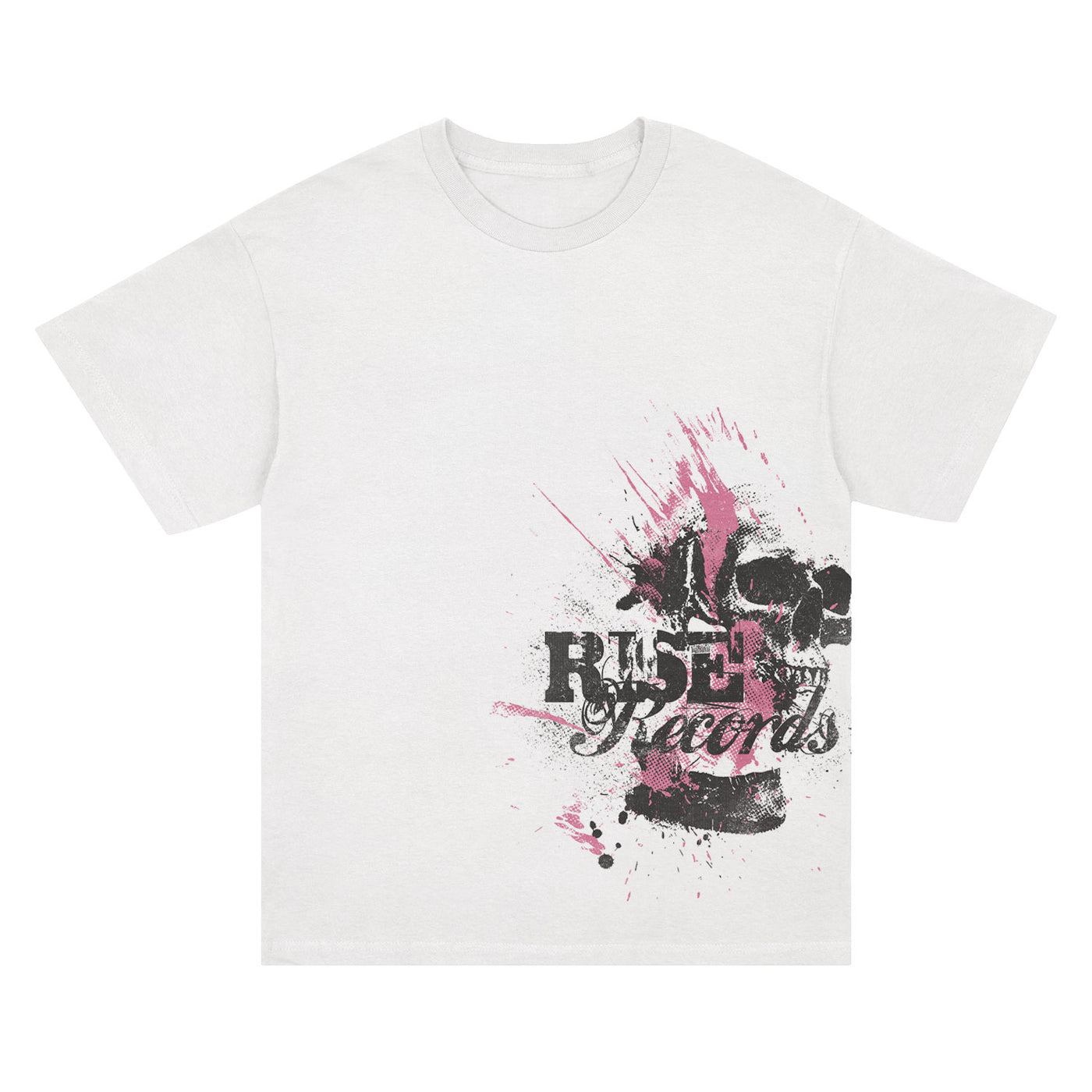 White t-shirt from Rise Records featuring a black and pink paint-splatter design with "Rude Boy Records" text and a faint skull image on the lower right—an eye-catching printed garment.