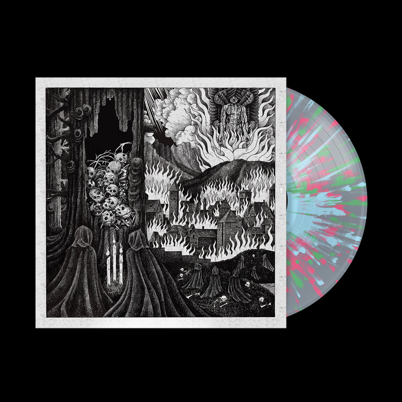 The Acacia Strain vinyl You Are Safe From God Here features white, pink, and green splatter with intricate black-and-white art depicting robed figures, burning buildings, smoke, and surreal, ominous imagery.