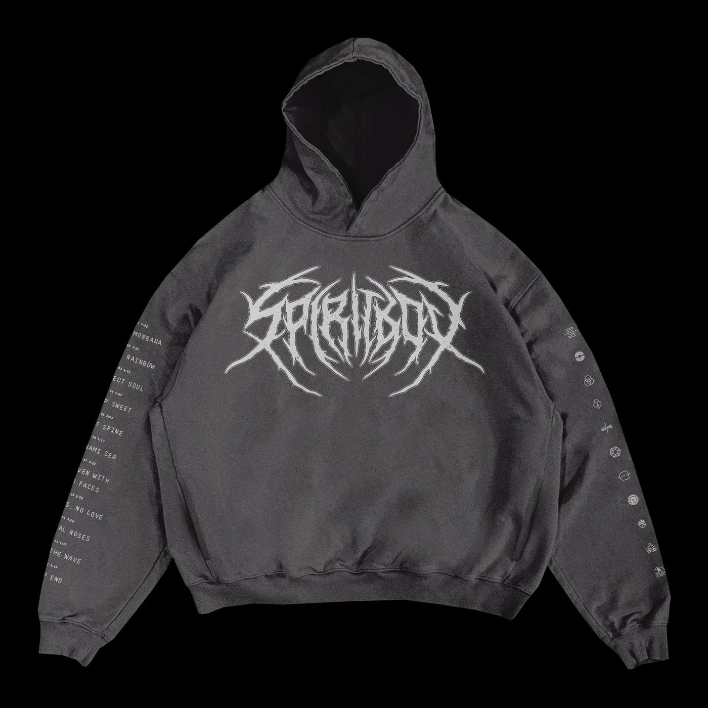 A black Spiritbox Heavy Weight Hoodie features a bold white logo across the chest, white text on the right sleeve, and small white symbols on the left sleeve, shown on a black background for a striking look.