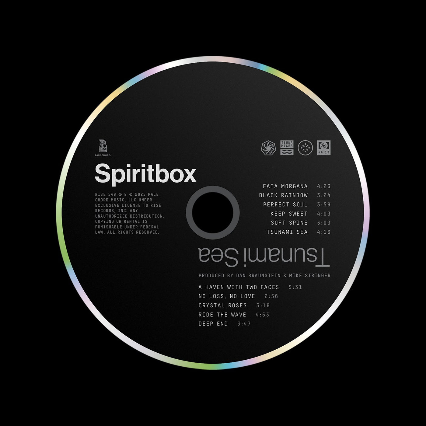 A CD by Spiritbox with a black background, “Spiritbox” and “Eternal Blue” in white, a track list in white text, a subtle rainbow edge reflection, and a reference to Tsunami Sea.