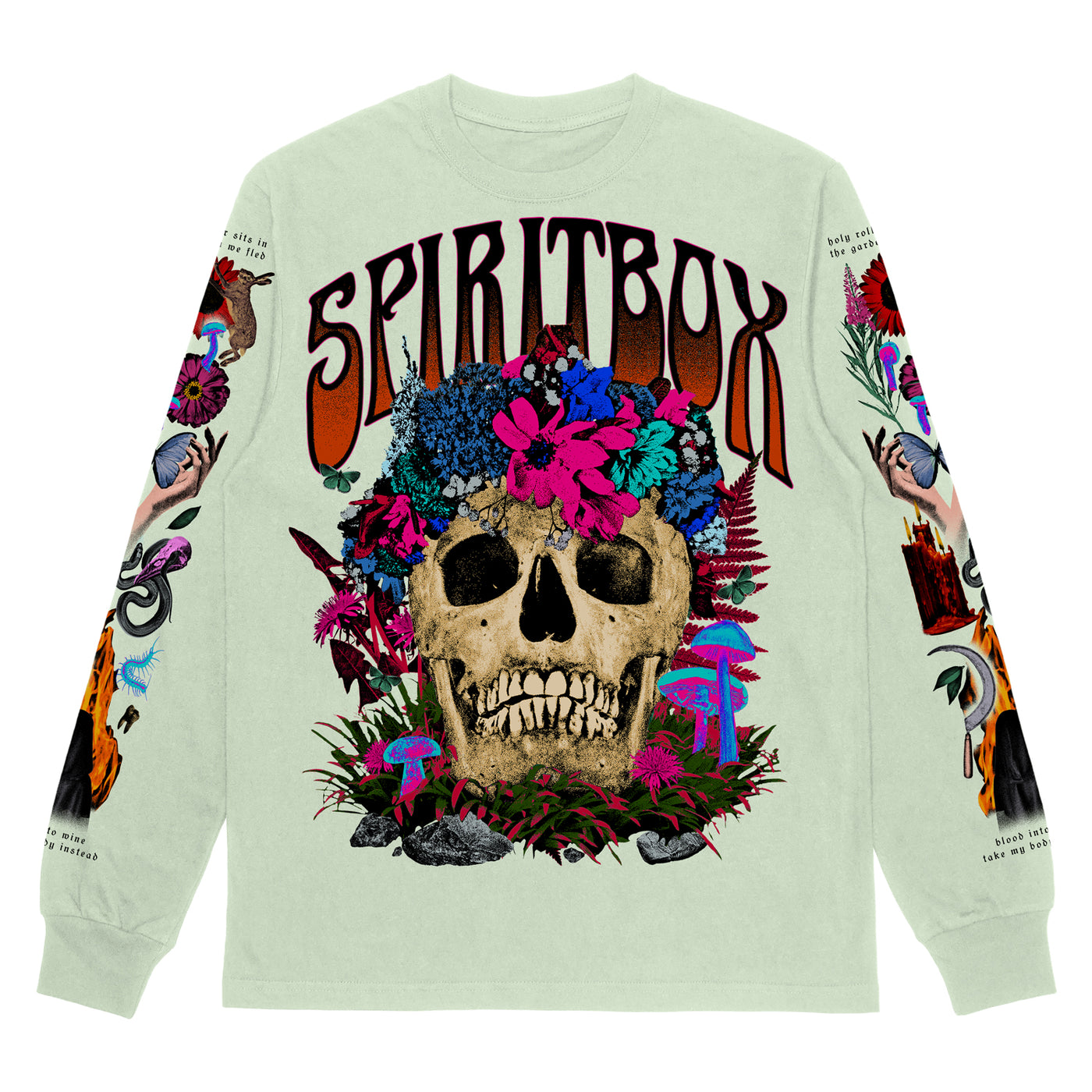 This Spiritbox presale long-sleeve shirt features a bold skull with flowers and mushrooms, plus surreal animals and plants on the sleeves. Order now—ships 10/17/25!.