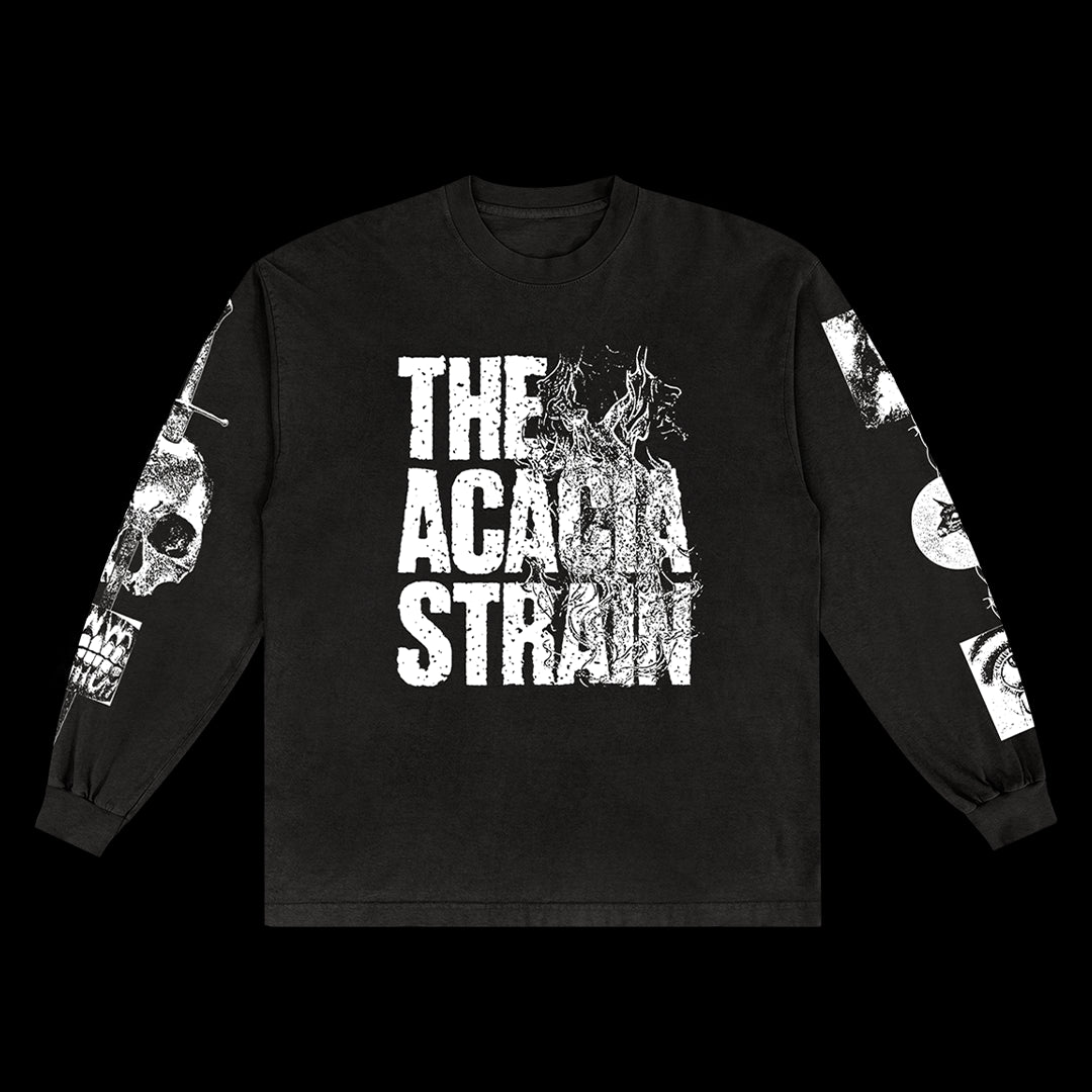 Black long-sleeve Comfort Colors shirt from The Acacia Strain featuring bold white front text, smoke graphics, and sleeve designs. This presale item ships 8/15/25.