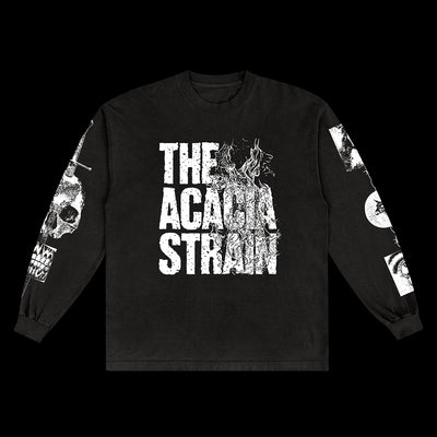 Black long-sleeve Comfort Colors shirt from The Acacia Strain featuring bold white front text, smoke graphics, and sleeve designs. This presale item ships 8/15/25.