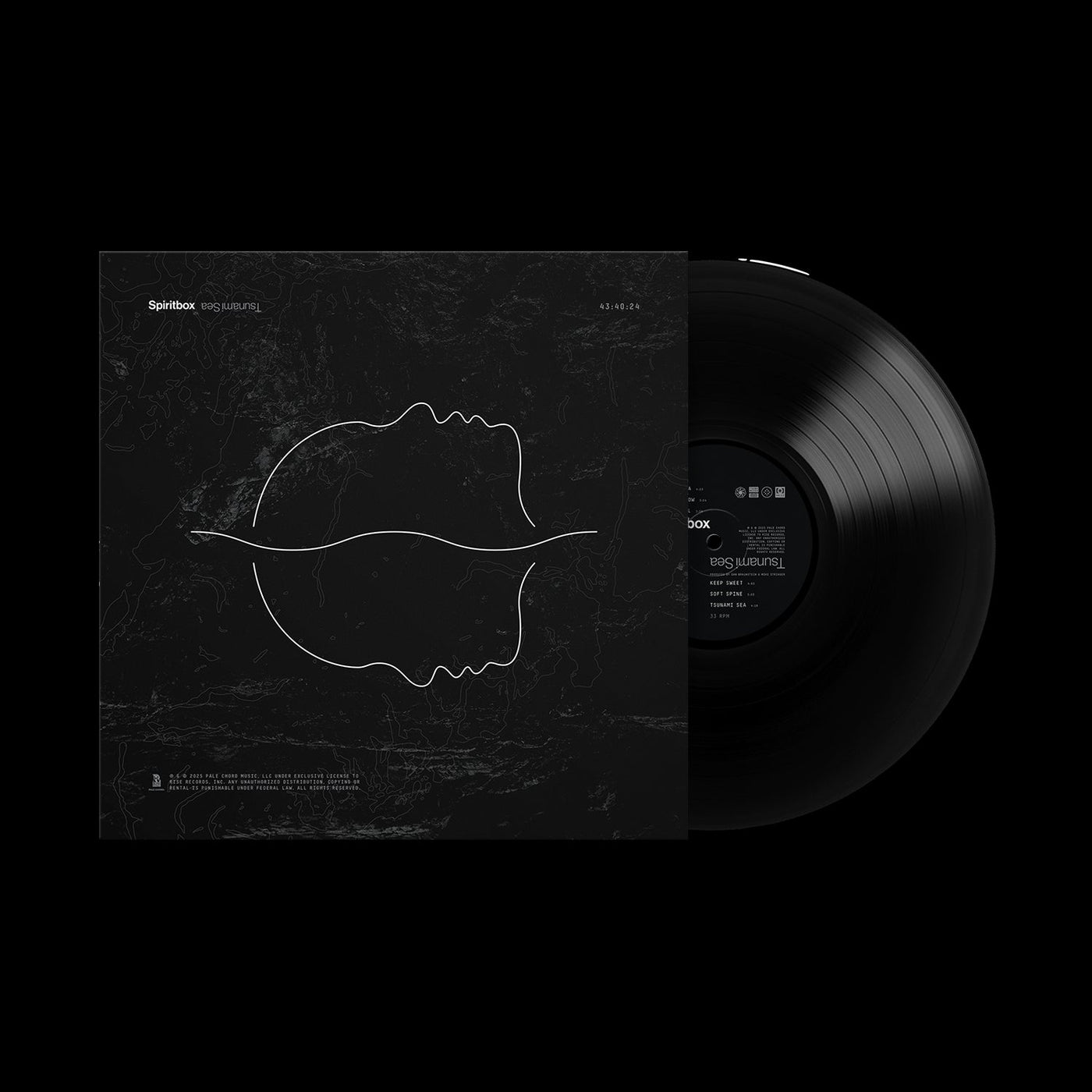 A black vinyl LP by Spiritbox partially slides from its album cover, which displays a minimalist white line drawing of two overlapping faces in profile on a textured dark background. The album is titled Eternal Blue.
