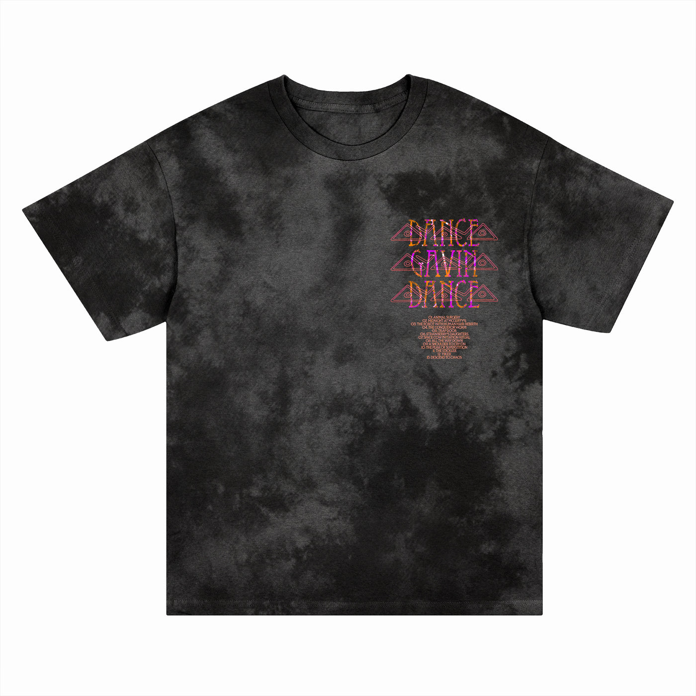 A black crystal dye T-shirt from Dance Gavin Dance features "DANCE GAVIN DANCE" in pink and orange, stacked three times on the left chest above small orange text. This presale item is ideal for fans of unique printed apparel.
