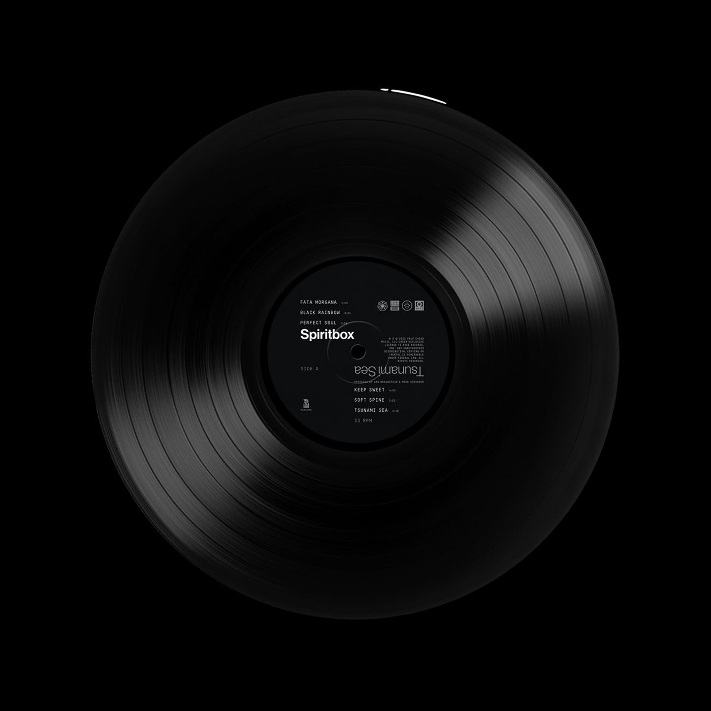 A Standard Vinyl release from Spiritbox, featuring a black vinyl record with white label text detailing track info and the Spiritbox brand name, all set against a solid black background.