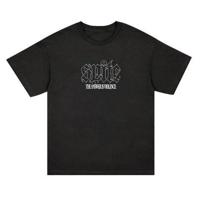 The Spite black Comfort Colors t-shirt showcases spite in gothic text above THE ANSWER IS VIOLENCE in bold white letters—ideal for fans of unique prints. Available now for presale.