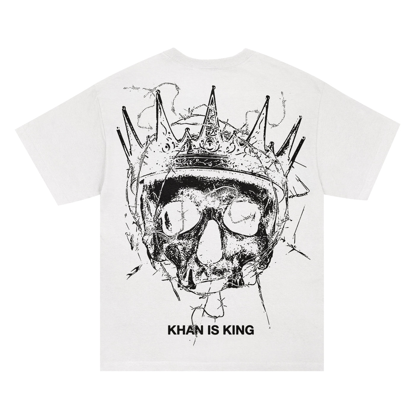 Kublai Khan TX presale: Comfort Colors white tee with a bold black skull in a spiked crown on the back and "KHAN IS KING" text below.