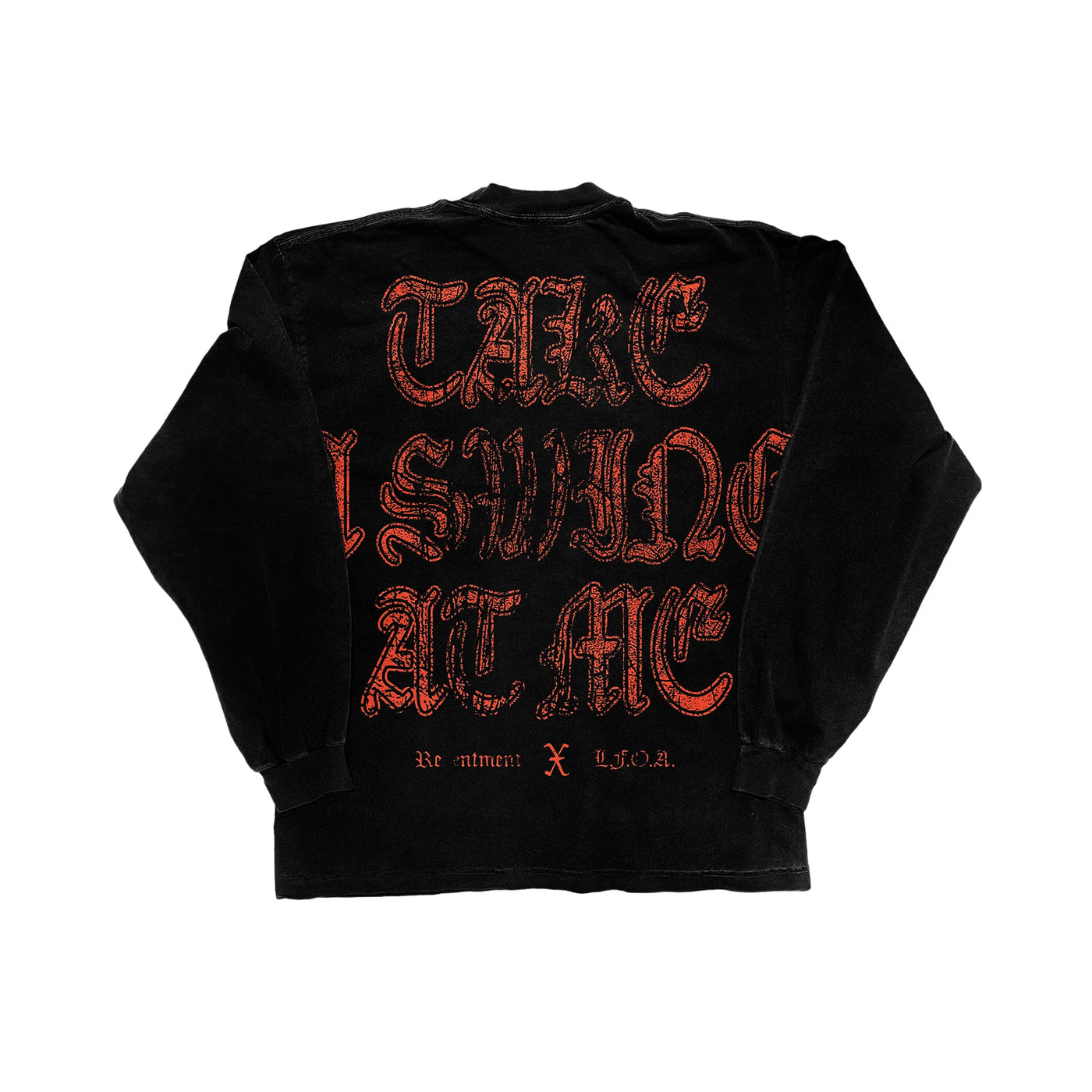 A black Kublai Khan Alstyle long-sleeve t-shirt features bold red Gothic text on the back: “TAKE A SWING AT ME.” Smaller white text at the bottom reads “Re-ment x H.O.A.”—perfect for fans of unique custom apparel.