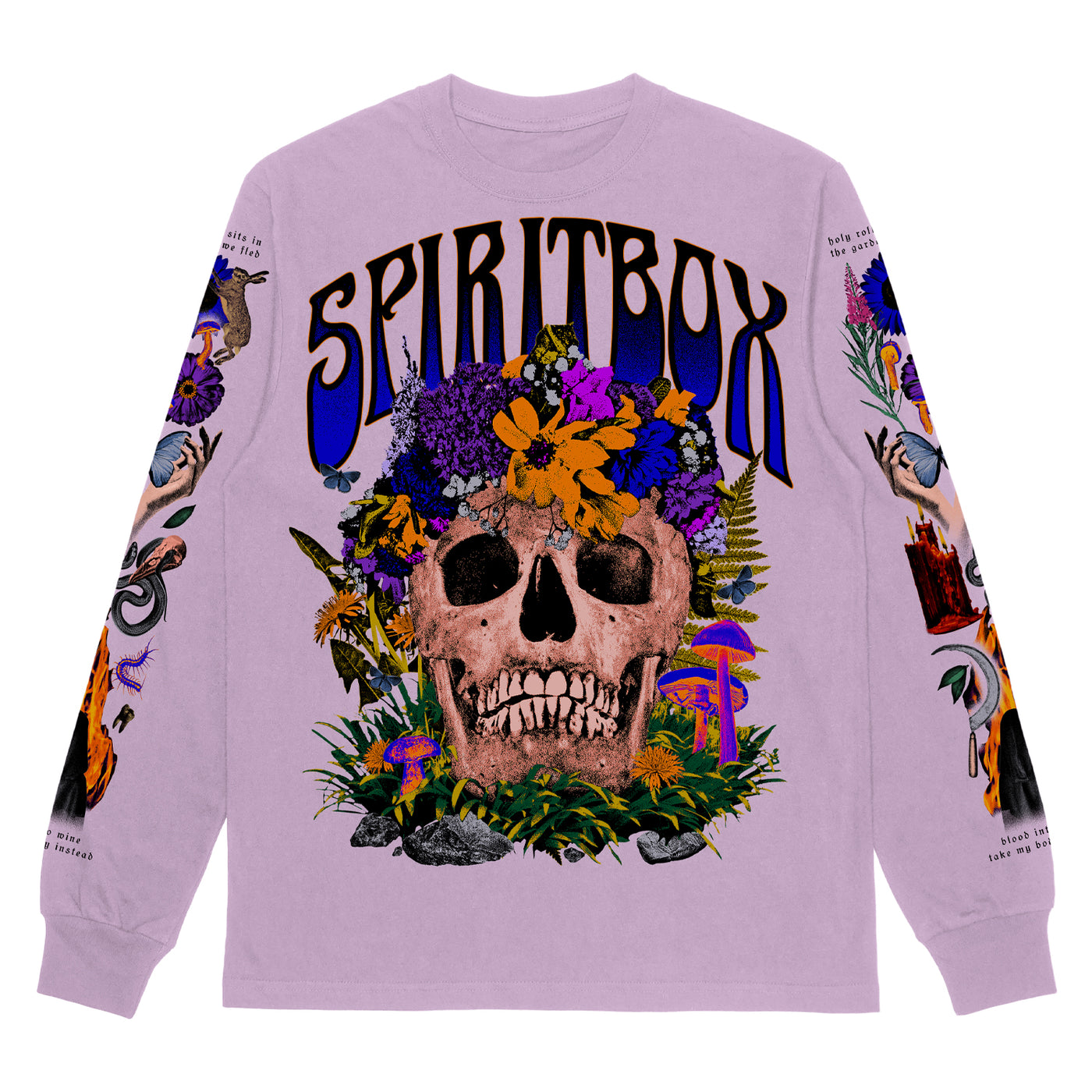 This presale lavender long-sleeve Spiritbox shirt features a large skull with vibrant flowers, plants, and mushrooms under bold SPIRITBOX text. Unique graphics and text adorn the sleeves on high-quality Comfort Colors fabric.