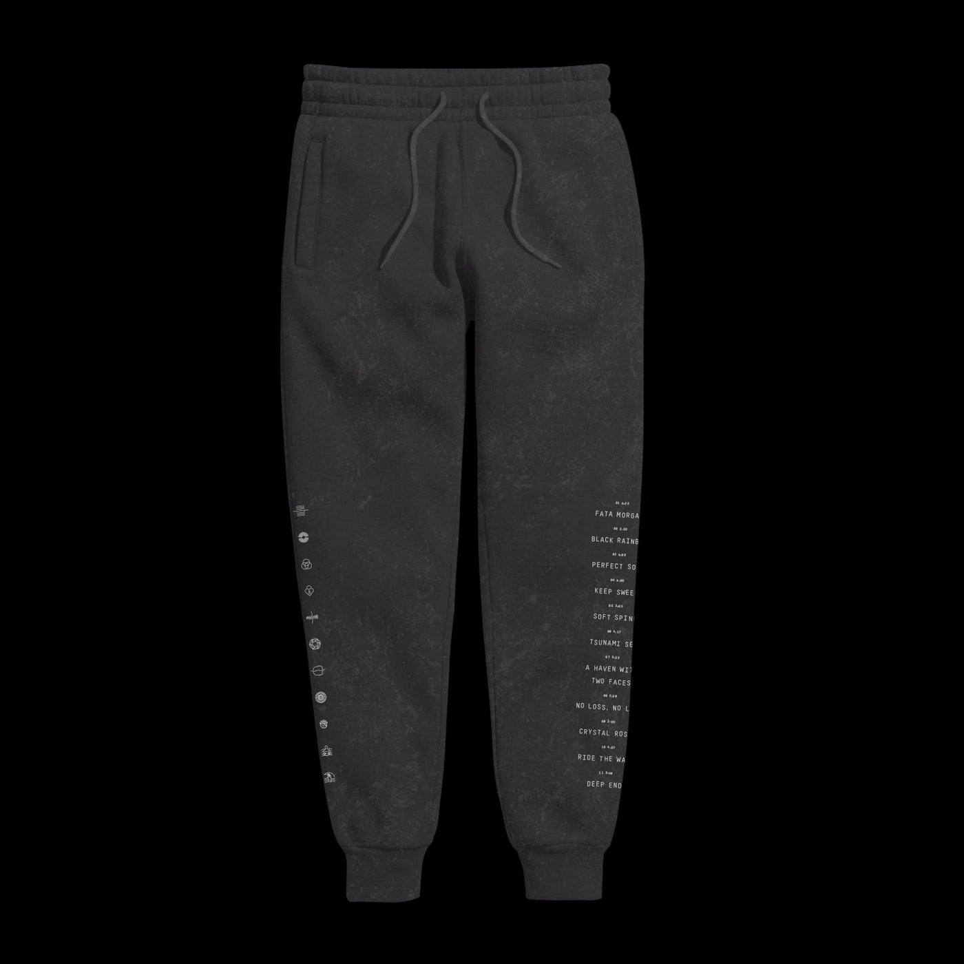 Spiritbox Jogger Sweatpants in black with elastic waistband, drawstrings, side pockets, and small white vertical text on the left leg. Displayed on a solid black background. Part of the Heavy Weight Album collection.