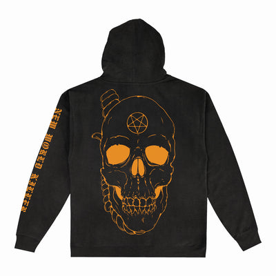 Spite black pullover hoodie featuring a large orange skull with a pentagram and snake on the back, NEW WORLD ANXIOUS in orange down the sleeve; IND4000 pullovers available for presale.