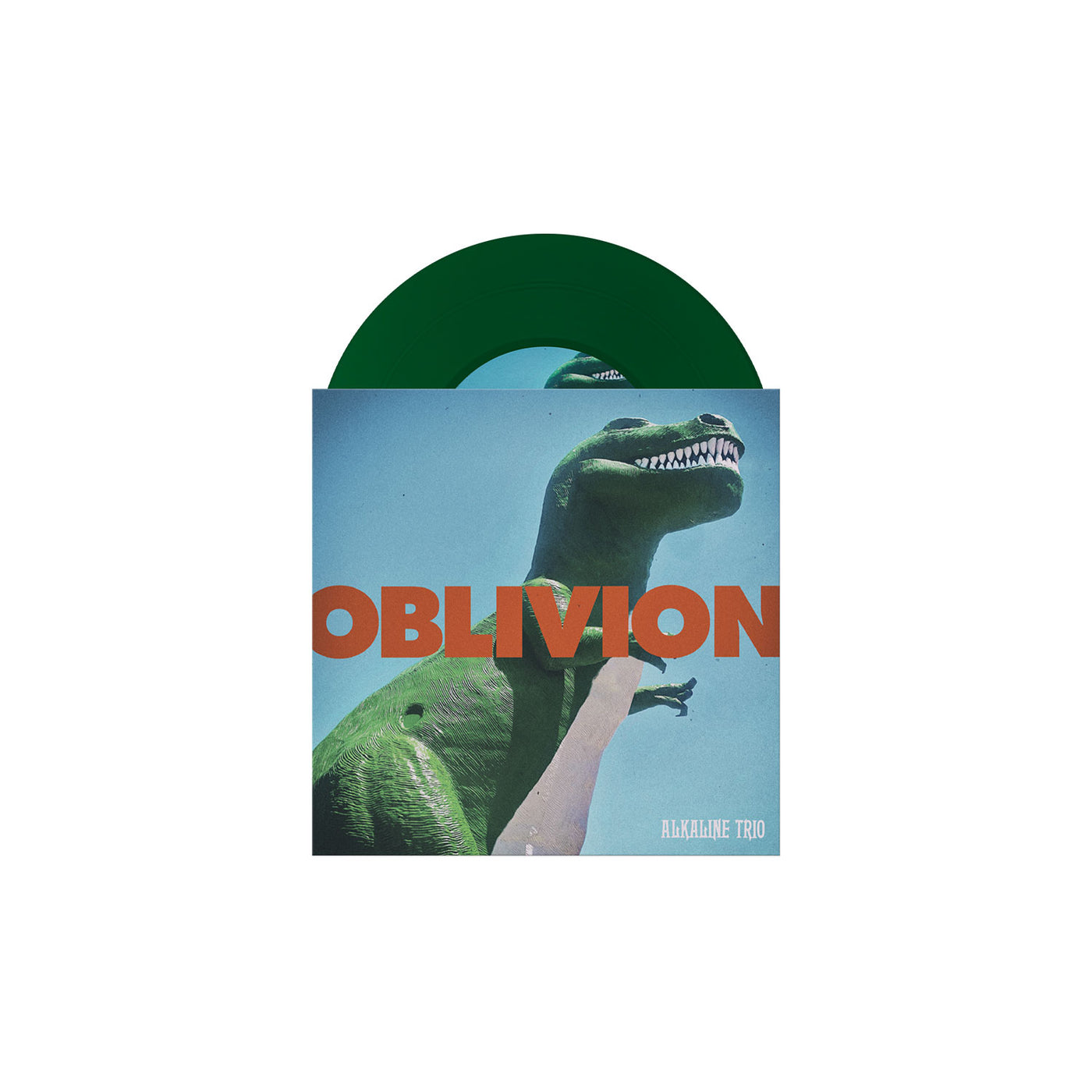 A 7-inch vinyl partially in a sleeve shows a green dinosaur on a blue sky. "OBLIVION" is in large orange letters, and the brand name Alkaline Trio appears in small white text at the bottom right.