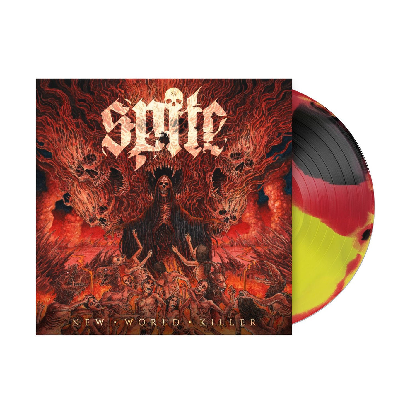 Spite’s "New World Killer" vinyl features a reaper and flaming skulls on the cover. This limited edition LP comes in black, red, and yellow splatter—preorder now!.