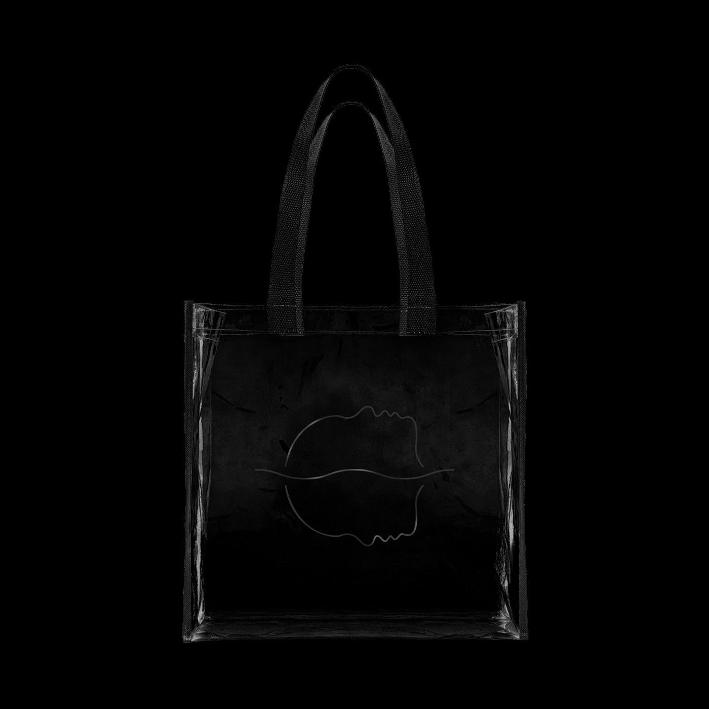 The Spiritbox black clear tote bag features two sturdy handles and a minimalist line drawing of a face in profile on a solid black background, combining stylish design with everyday functionality.