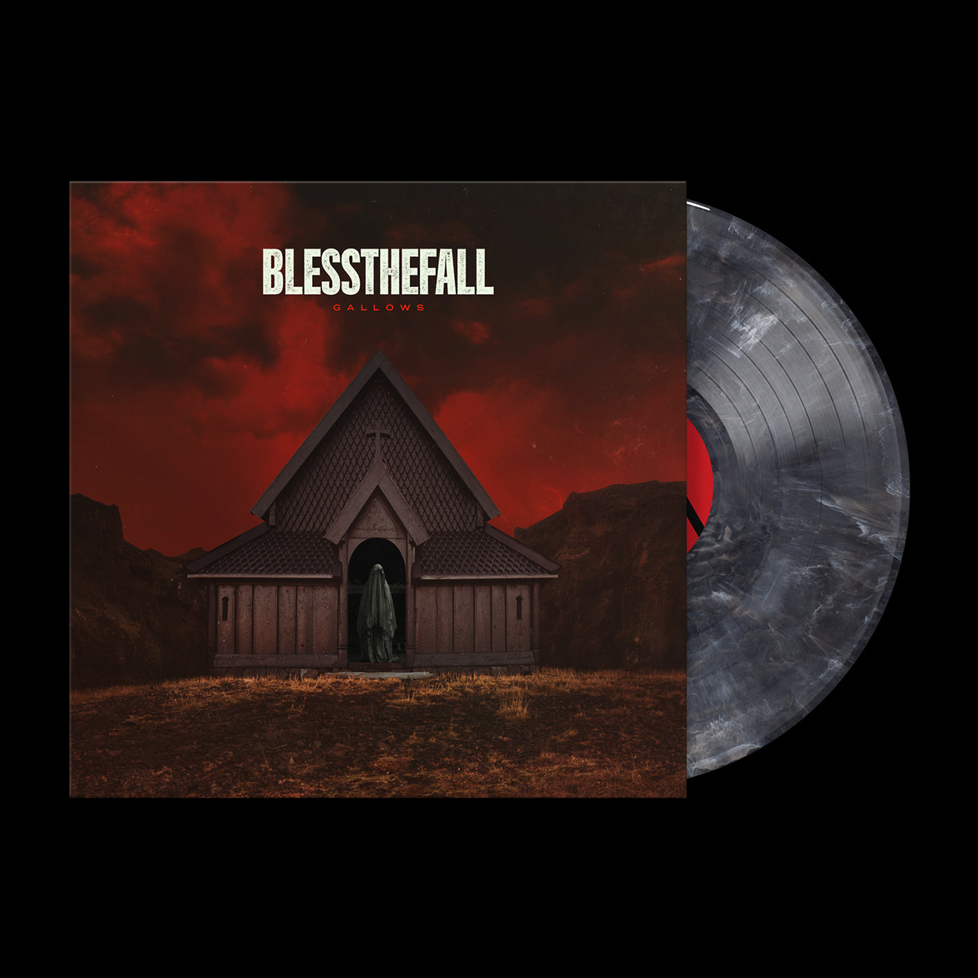 A Gallows Grey Marble Vinyl LP from blessthefall slides from its sleeve, which shows dark red clouds above a wooden church amid mountains. “BLESSTHEFALL GALLOWS” headlines this exclusive presale edition.