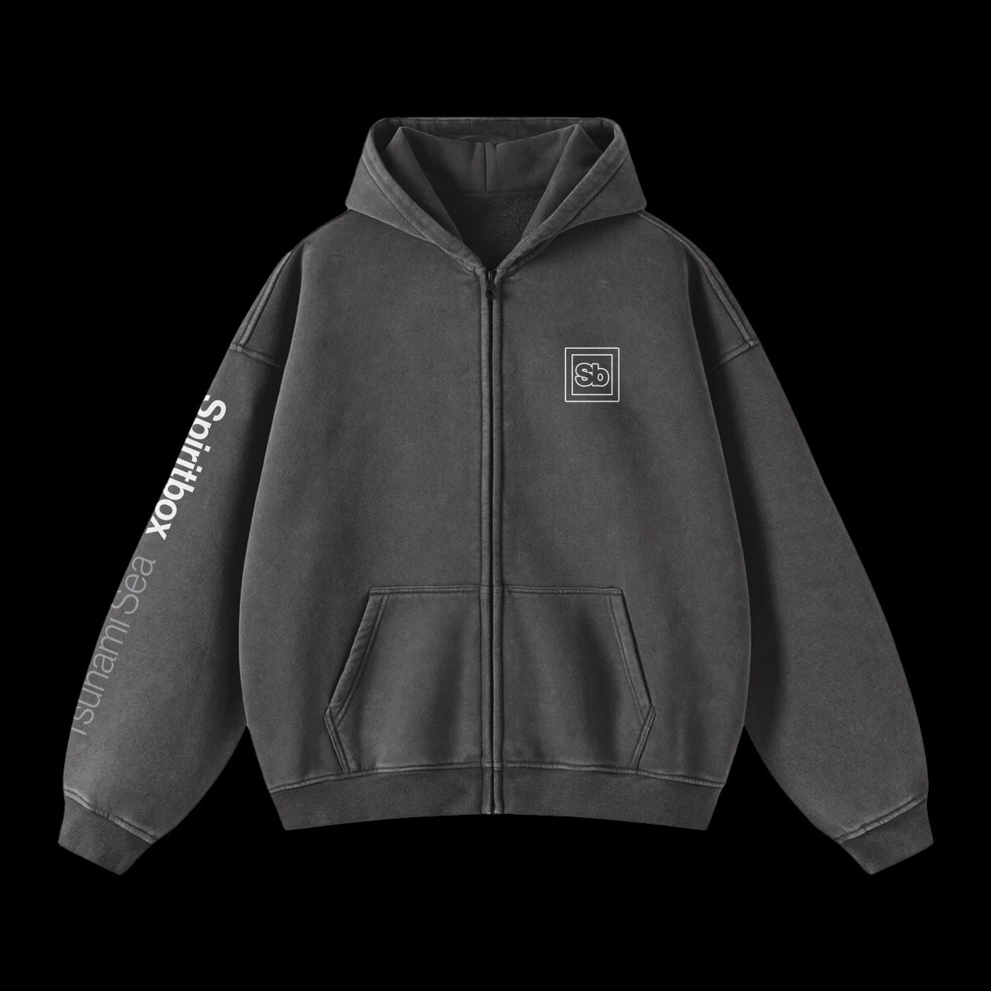 A black French terry cotton zip-up hoodie by Spiritbox featuring a front pocket, Spiritbox in white on the right sleeve, and a small square logo on the left chest. Displayed on a plain black background.