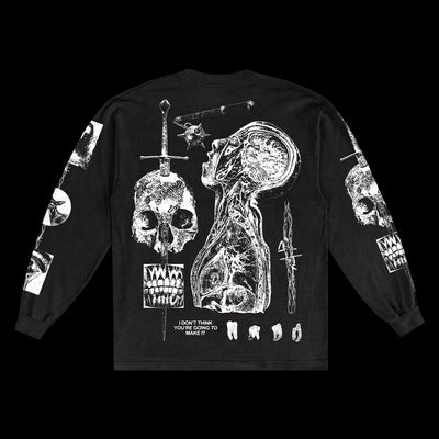 The Acacia Strain black long-sleeve features white anatomical, skull, sword, teeth, and bone art with “I DON’T THINK I’M GOING TO MAKE IT.” Presale on Comfort Colors; ships 8/15/25.