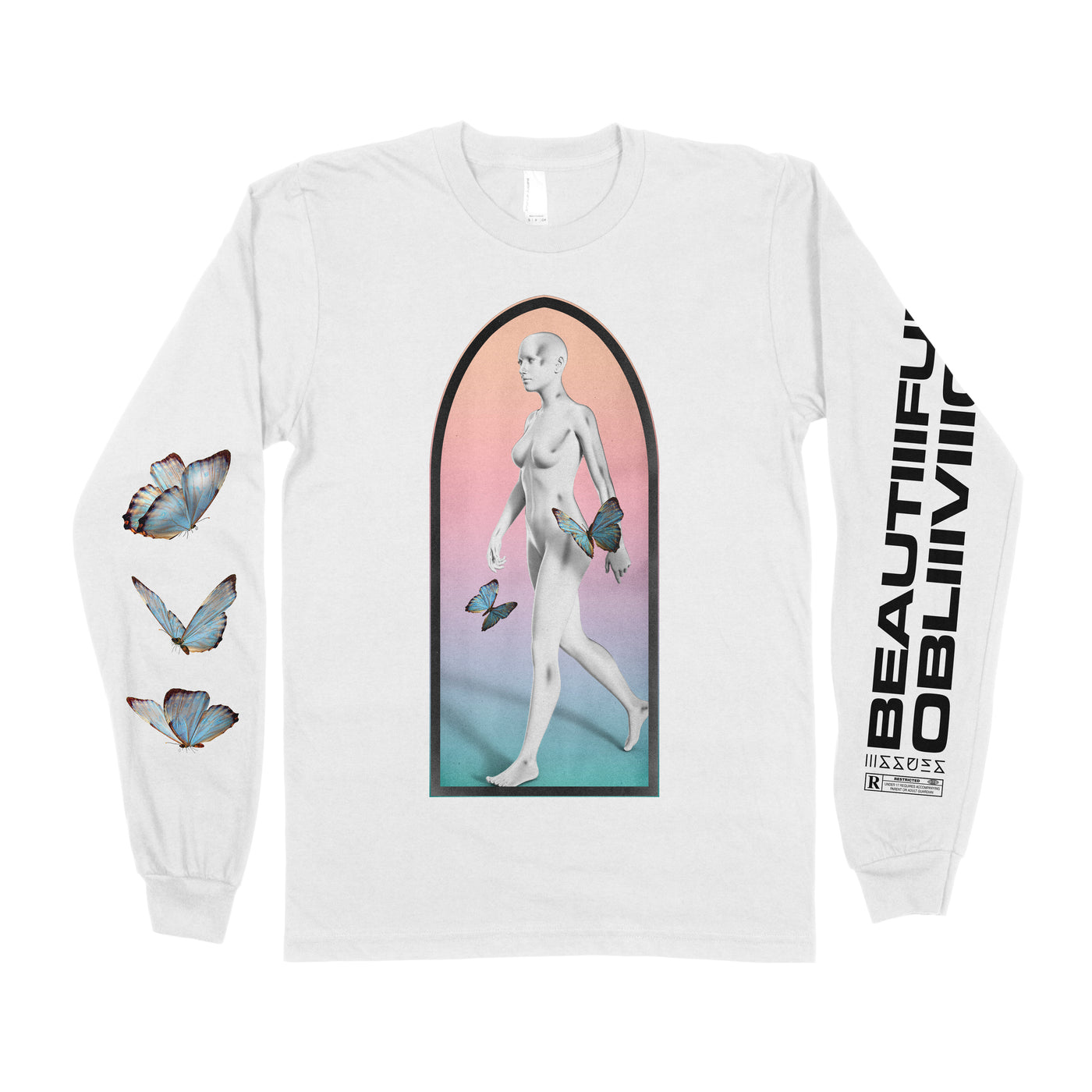 Issues long-sleeve white shirt features a surreal bald mannequin figure with blue butterflies in an arched frame over a pastel oblivion background. Sleeves have butterfly and text accents inspired by interior wall colors.