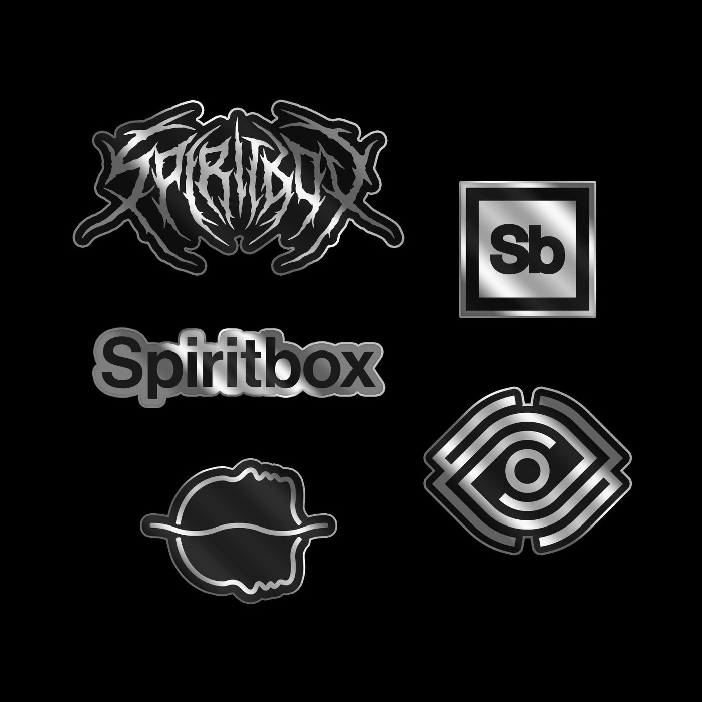 Five metallic silver Spiritbox logos, each with a unique style, are featured on a black background. Part of the Tsunami Sea Sticker Pack by Spiritbox, these designs are available for PRESALE before the 3/7/25 release date.
