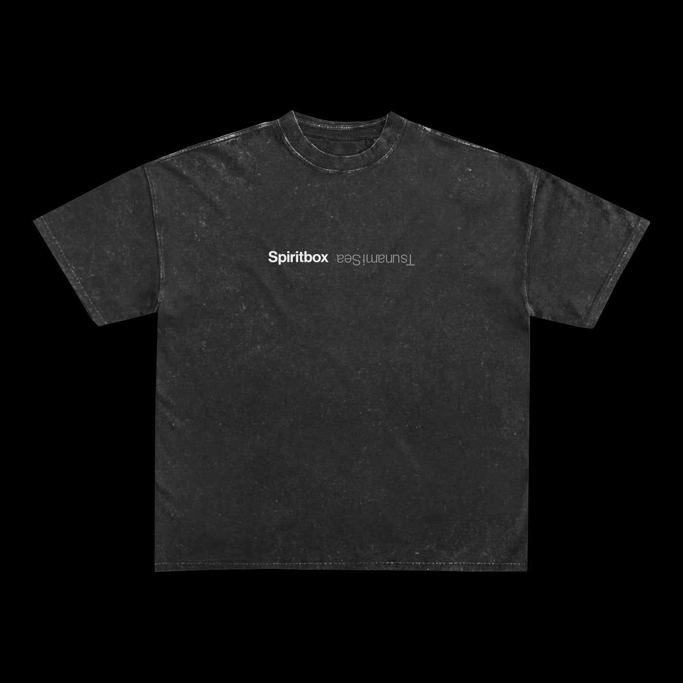 A heavyweight, black stone wash t-shirt from Spiritbox features Spiritbox in white and Luminant in gray, upside-down across the chest. The oversized shirt is shown against a solid black background.