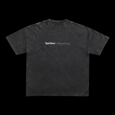 A heavyweight, black stone wash t-shirt from Spiritbox features Spiritbox in white and Luminant in gray, upside-down across the chest. The oversized shirt is shown against a solid black background.