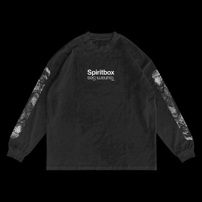 A heavy weight, oversized Spiritbox long sleeve shirt in faded black features Spiritbox and Eternal Sun printed upside down in white on the front, with abstract white-grey patterns down both sleeves for a bold look.
