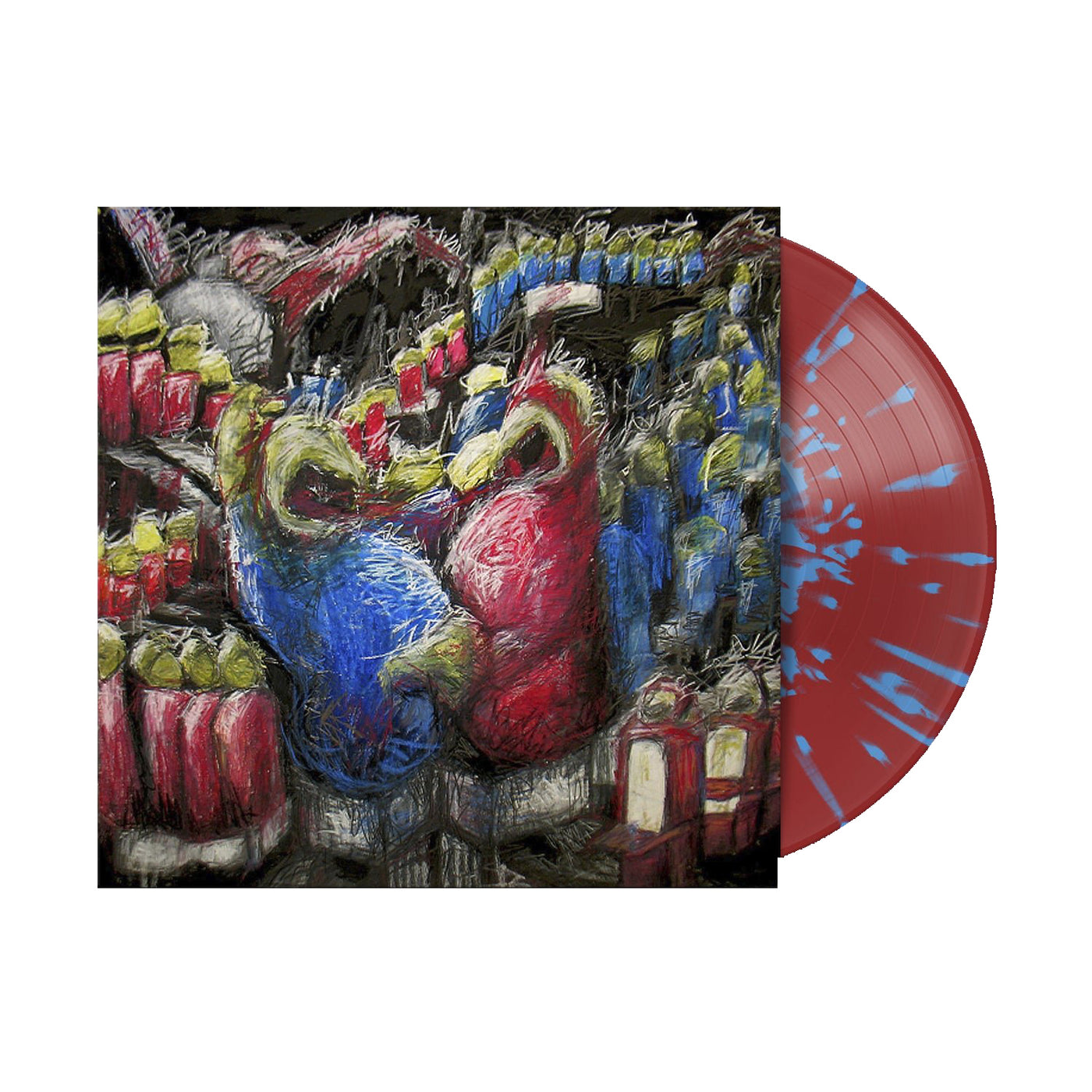 A Limited Edition Secret Band vinyl, featuring a red and blue splatter record partially out of an abstract cover with two colorful figures and vibrant shapes—only 500 copies available.