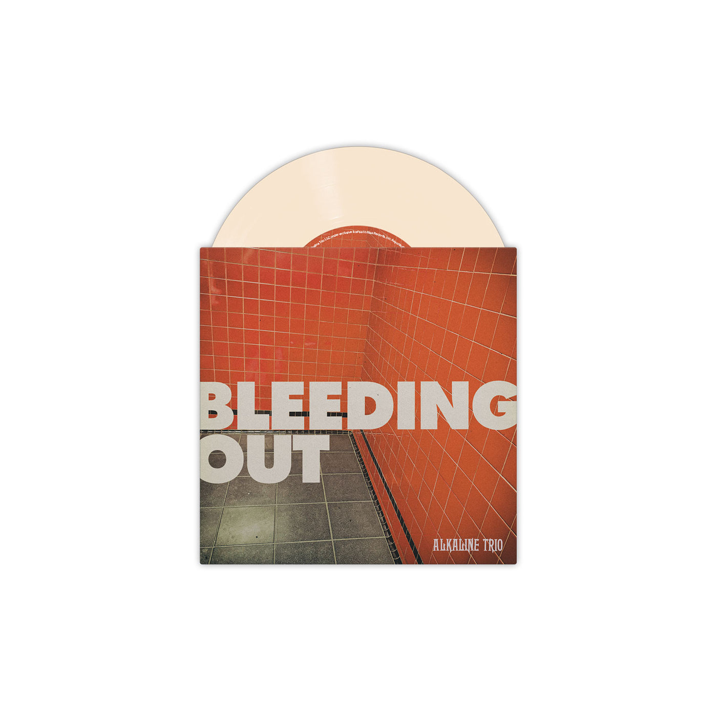 A 7-inch vinyl record by Alkaline Trio, partially pulled from its sleeve, rests against a red tiled wall and gray floor. The sleeve displays "BLEEDING OUT" in bold letters with the brand name at the bottom right.