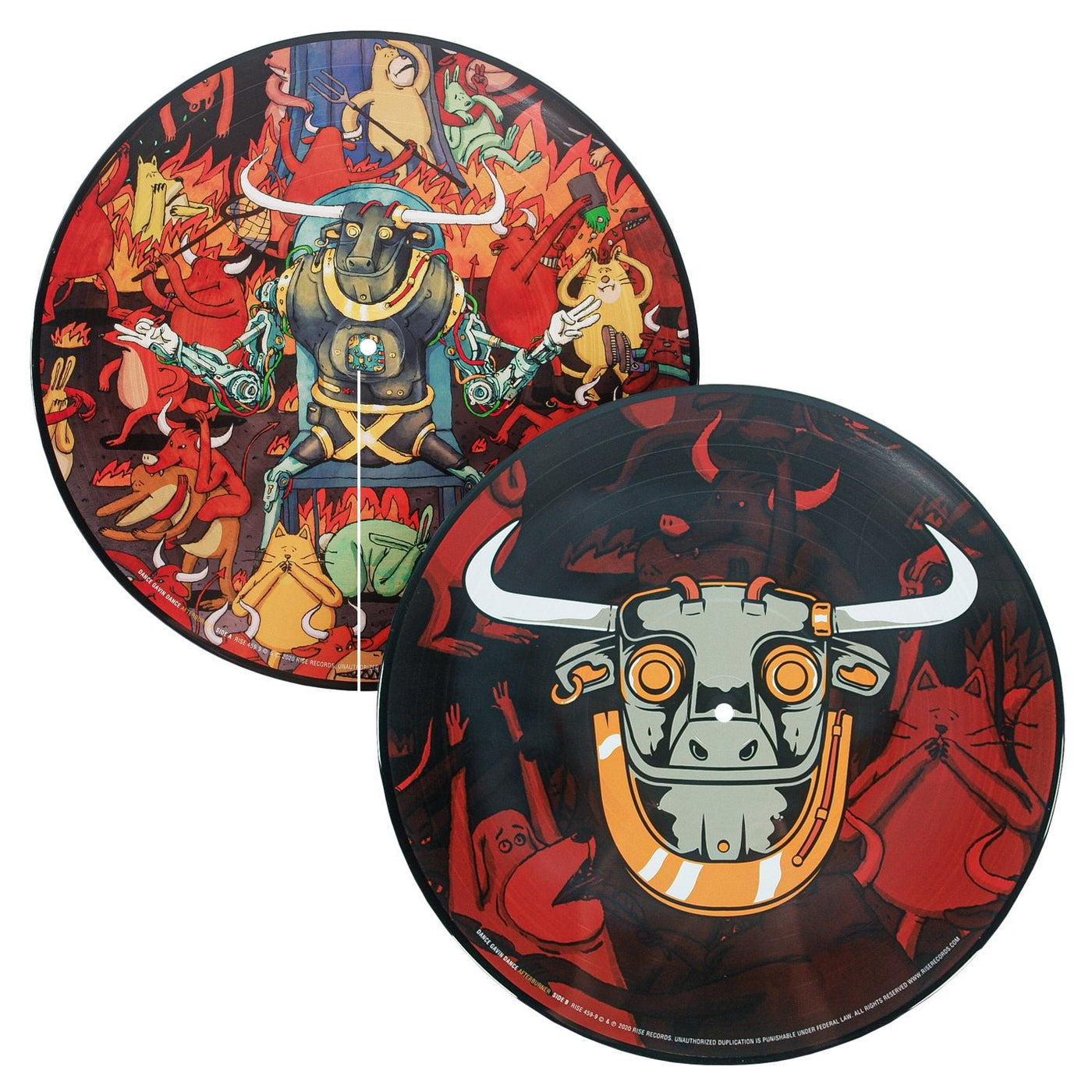 This Limited Edition Dance Gavin Dance Afterburner Picture Disc set features two vibrant vinyl LPs: one with stylized mechanical bull art with red creatures, and another close-up of the bull’s face—a must-have for collectors.