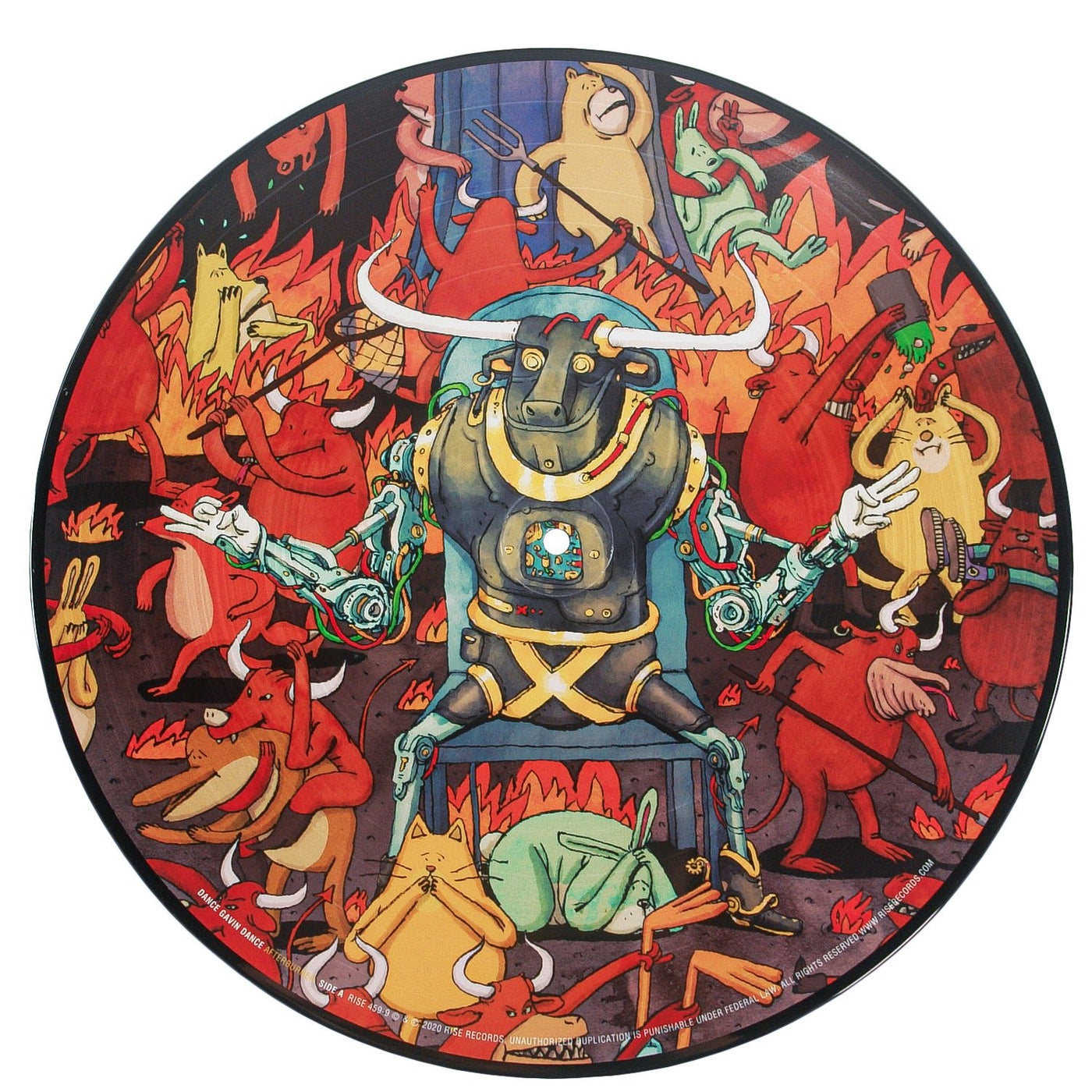 A circular illustration for Dance Gavin Dance features a robotic bull with outstretched arms amid chaos, surrounded by panicked cartoon animals and flames, evoking the vibrant, surreal style of a Limited Edition Vinyl LP.