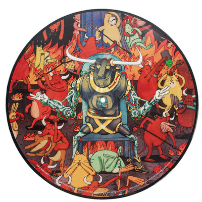 A circular illustration for Dance Gavin Dance features a robotic bull with outstretched arms amid chaos, surrounded by panicked cartoon animals and flames, evoking the vibrant, surreal style of a Limited Edition Vinyl LP.