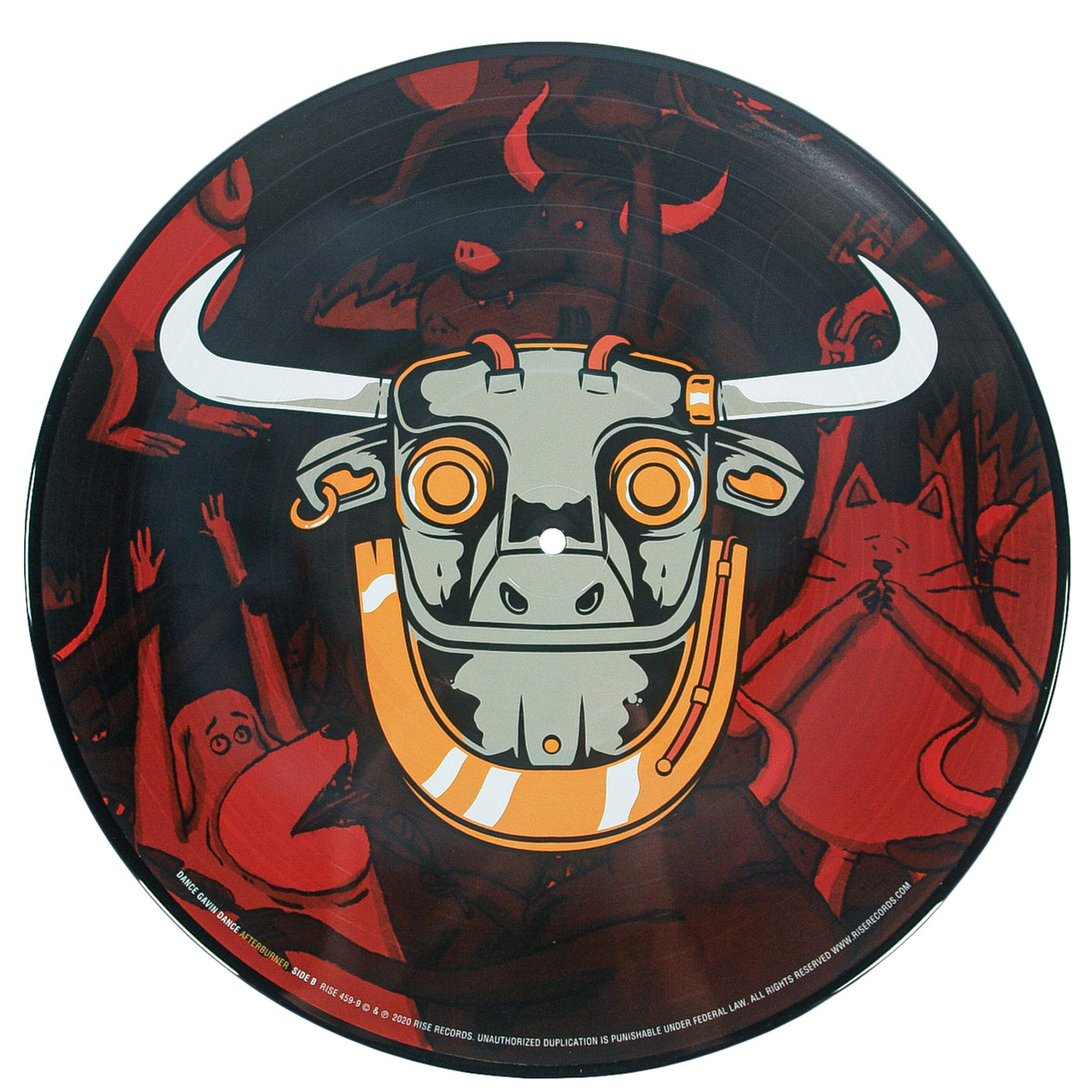 The Dance Gavin Dance Afterburner Picture Disc is a limited edition vinyl LP with colorful art featuring a stylized bull’s head, abstract red and black shapes, and background figures like a large cat and raised hands.