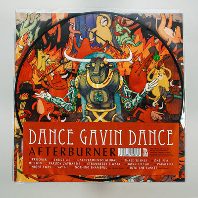 Vivid artwork for Dance Gavin Dance's Afterburner Picture Disc Vinyl LP shows a central robotic bull with raised arms, surrounded by cartoon-like dancers. The tracklist sits at the bottom on a red banner. Limited Edition release.