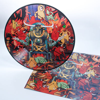 The Dance Gavin Dance Afterburner Picture Disc Vinyl LP is a limited edition featuring a horned robot amidst wild, cartoonish creature art in bold red, orange, and green, with a matching illustrated sleeve.