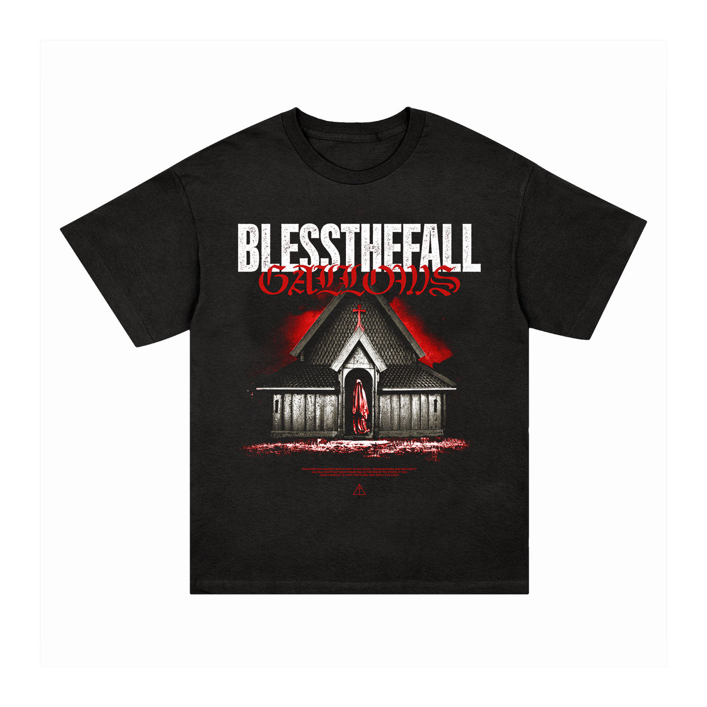 Black blessthefall Comfort Colors T-shirt with bold white and red "GALLOWS" text above a chapel illustration featuring red lighting and a hooded figure. Ideal for fans of striking, premium band apparel.